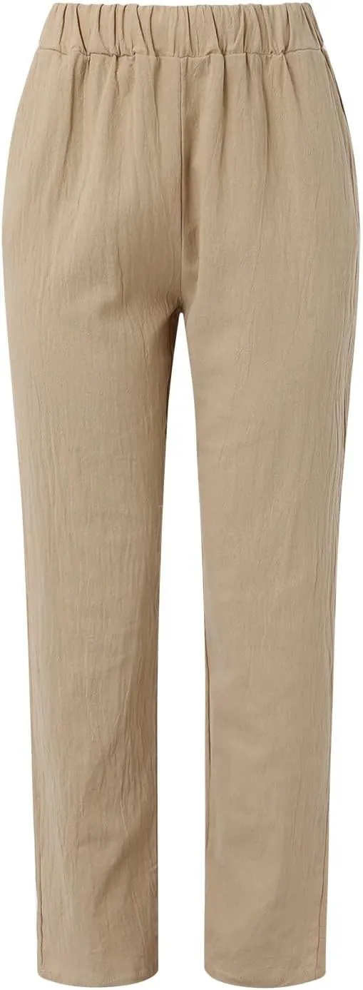 Linen Pants for Women 2025 Pants Stripe Print Side Trendy Pants Baggy Elastic Waist Straight Leg Comfy Beach Trousers