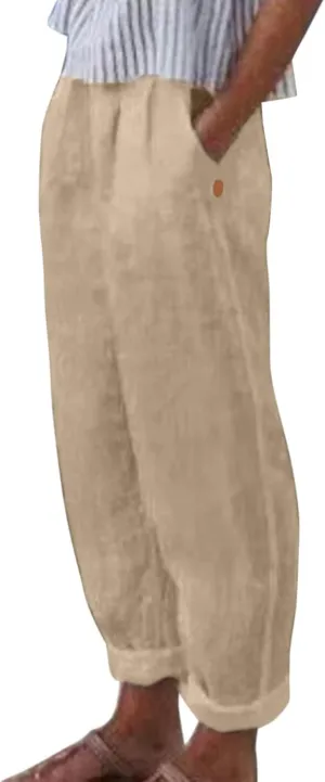 Linen Pants for Women 2025 Pants Stripe Print Side Trendy Pants Baggy Elastic Waist Straight Leg Comfy Beach Trousers