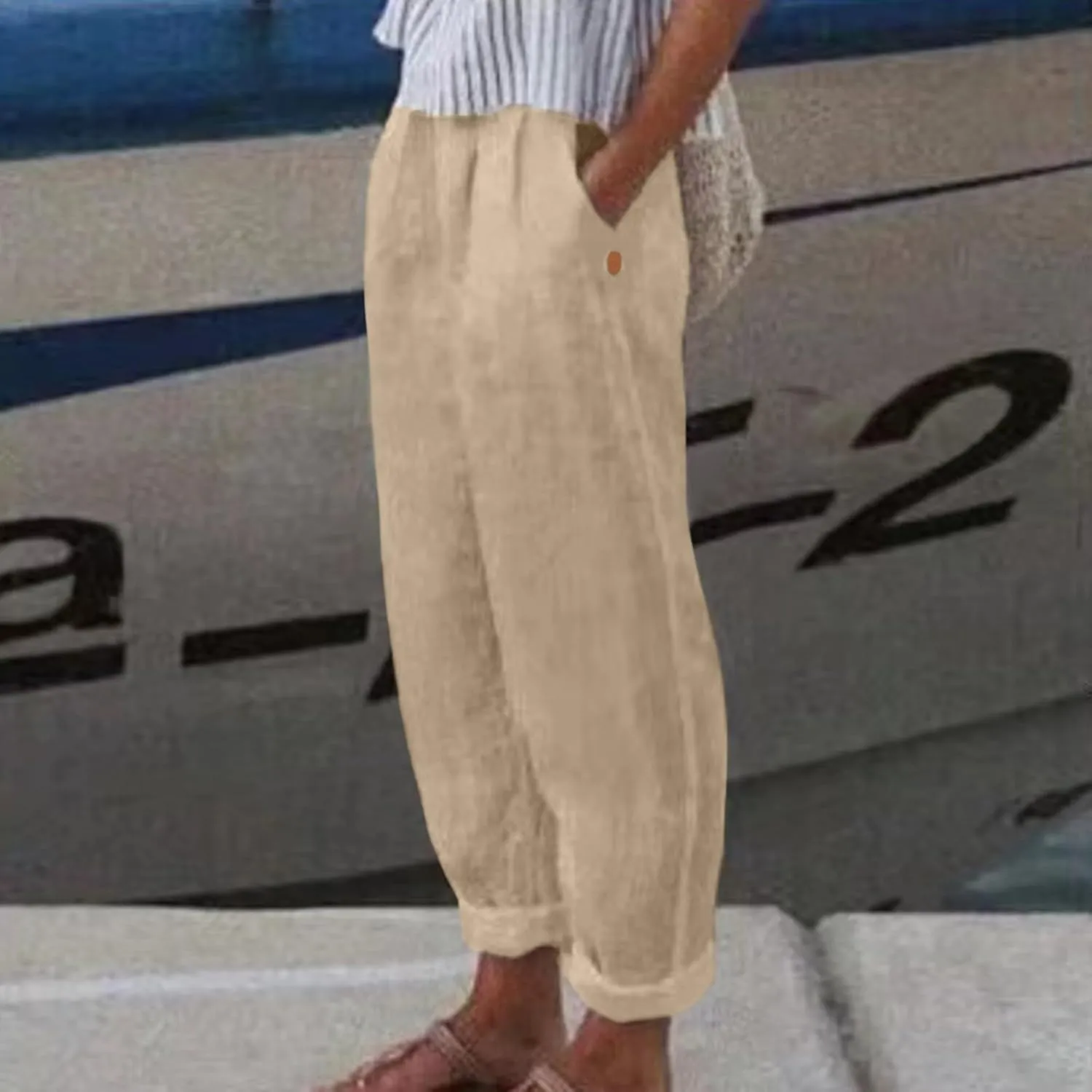 Linen Pants for Women 2025 Pants Stripe Print Side Trendy Pants Baggy Elastic Waist Straight Leg Comfy Beach Trousers