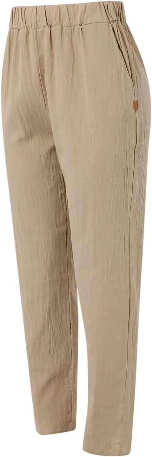 Linen Pants for Women 2025 Pants Stripe Print Side Trendy Pants Baggy Elastic Waist Straight Leg Comfy Beach Trousers
