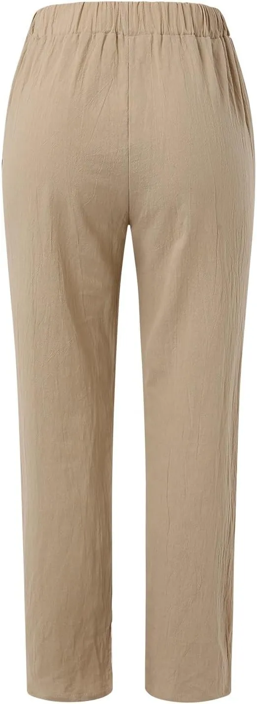 Linen Pants for Women 2025 Pants Stripe Print Side Trendy Pants Baggy Elastic Waist Straight Leg Comfy Beach Trousers