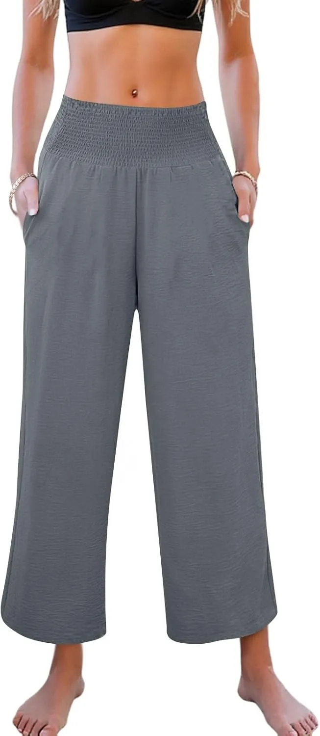 Linen Pants Women Cropped Loose Wide Leg Pants Summer Smocked High Waisted Lounge Pant Relaxed Palazzo Pant