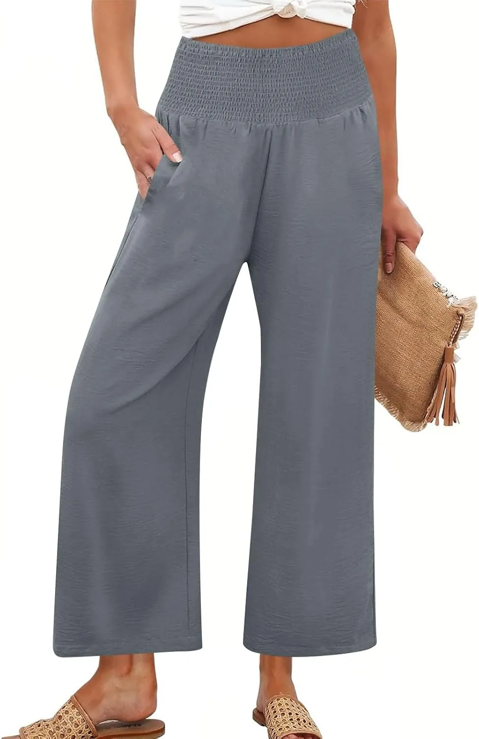Linen Pants Women Cropped Loose Wide Leg Pants Summer Smocked High Waisted Lounge Pant Relaxed Palazzo Pant