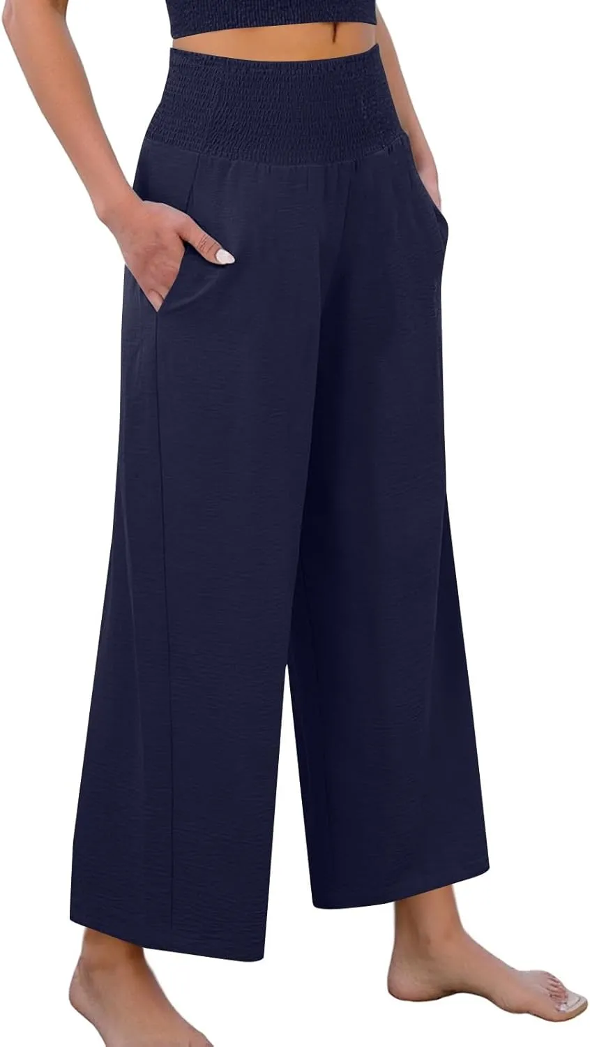 Linen Pants Women Cropped Loose Wide Leg Pants Summer Smocked High Waisted Lounge Pant Relaxed Palazzo Pant