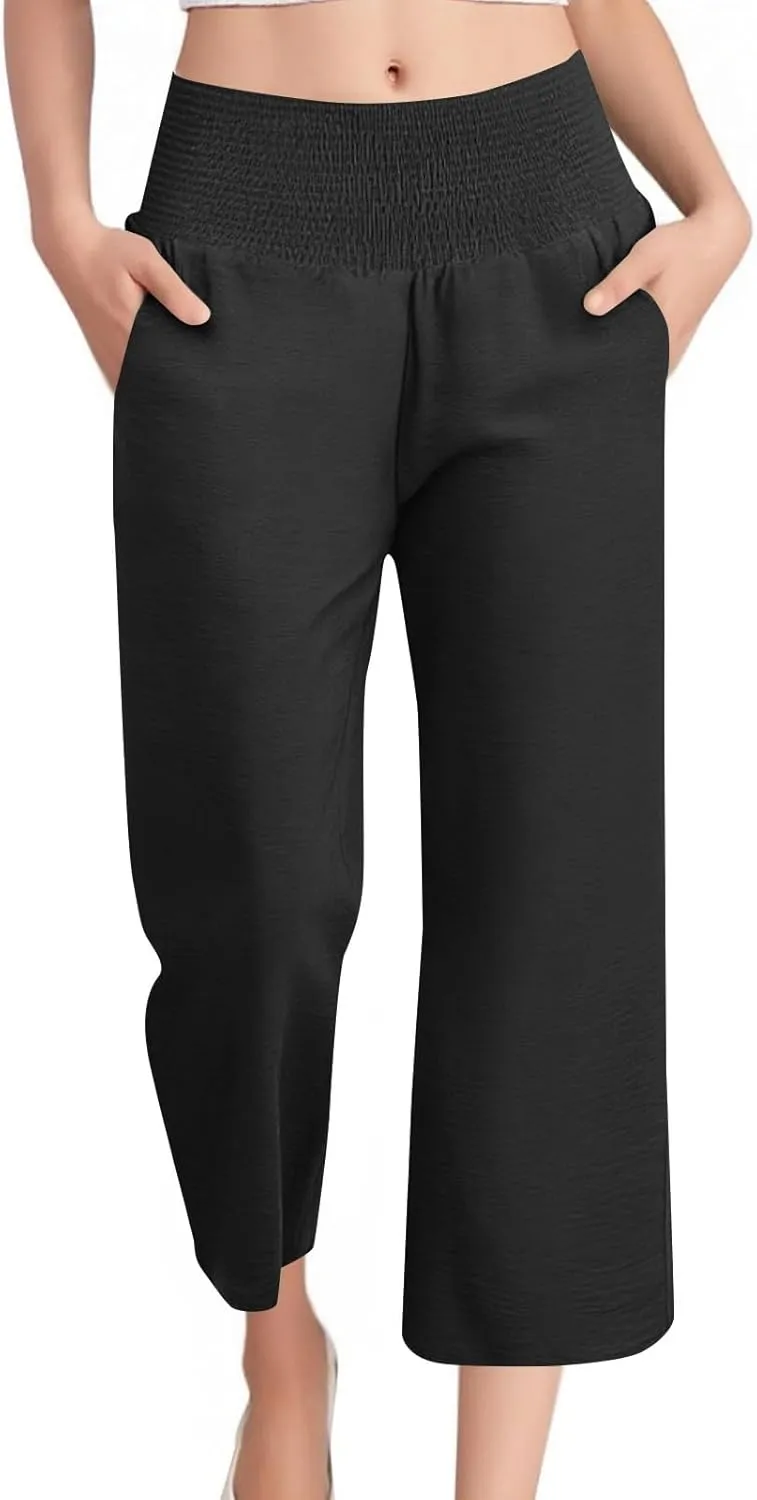 Linen Pants Women Cropped Loose Wide Leg Pants Summer Smocked High Waisted Lounge Pant Relaxed Palazzo Pant