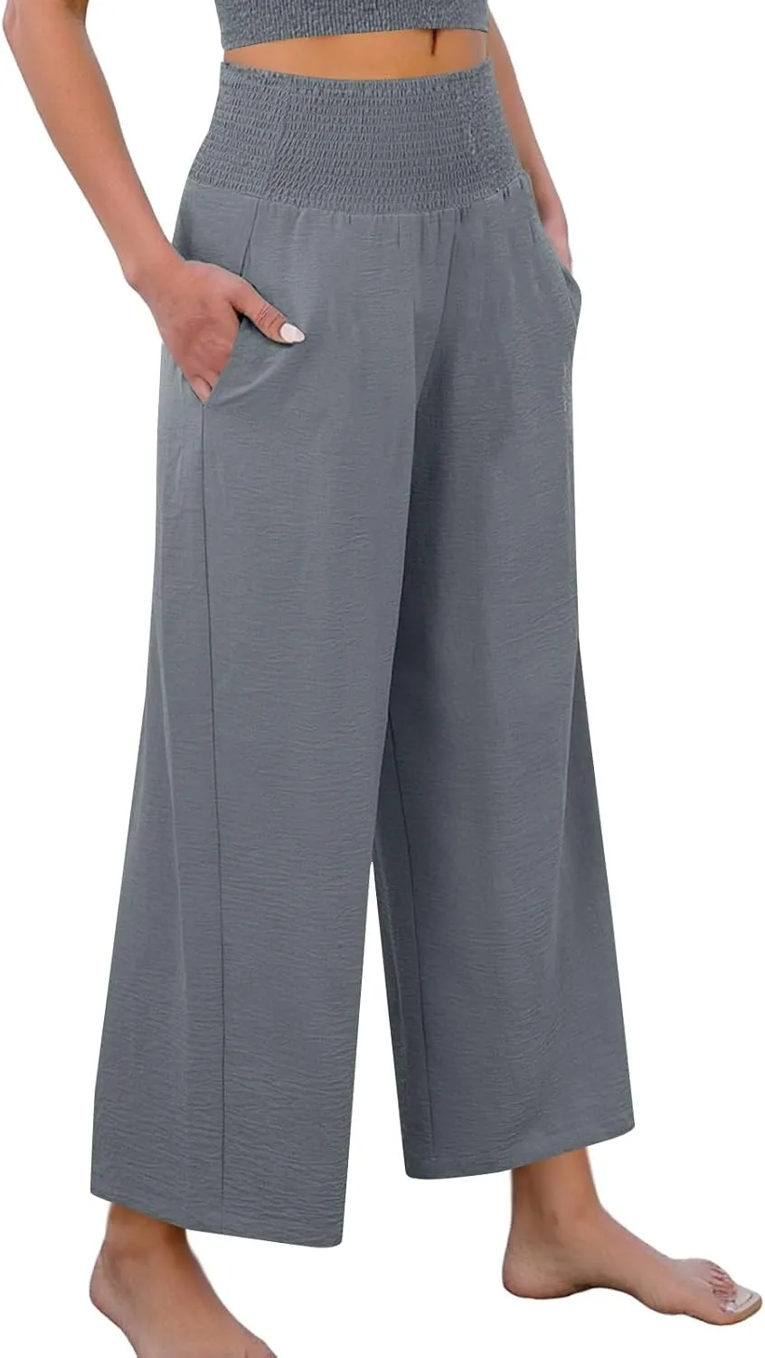 Linen Pants Women Cropped Loose Wide Leg Pants Summer Smocked High Waisted Lounge Pant Relaxed Palazzo Pant
