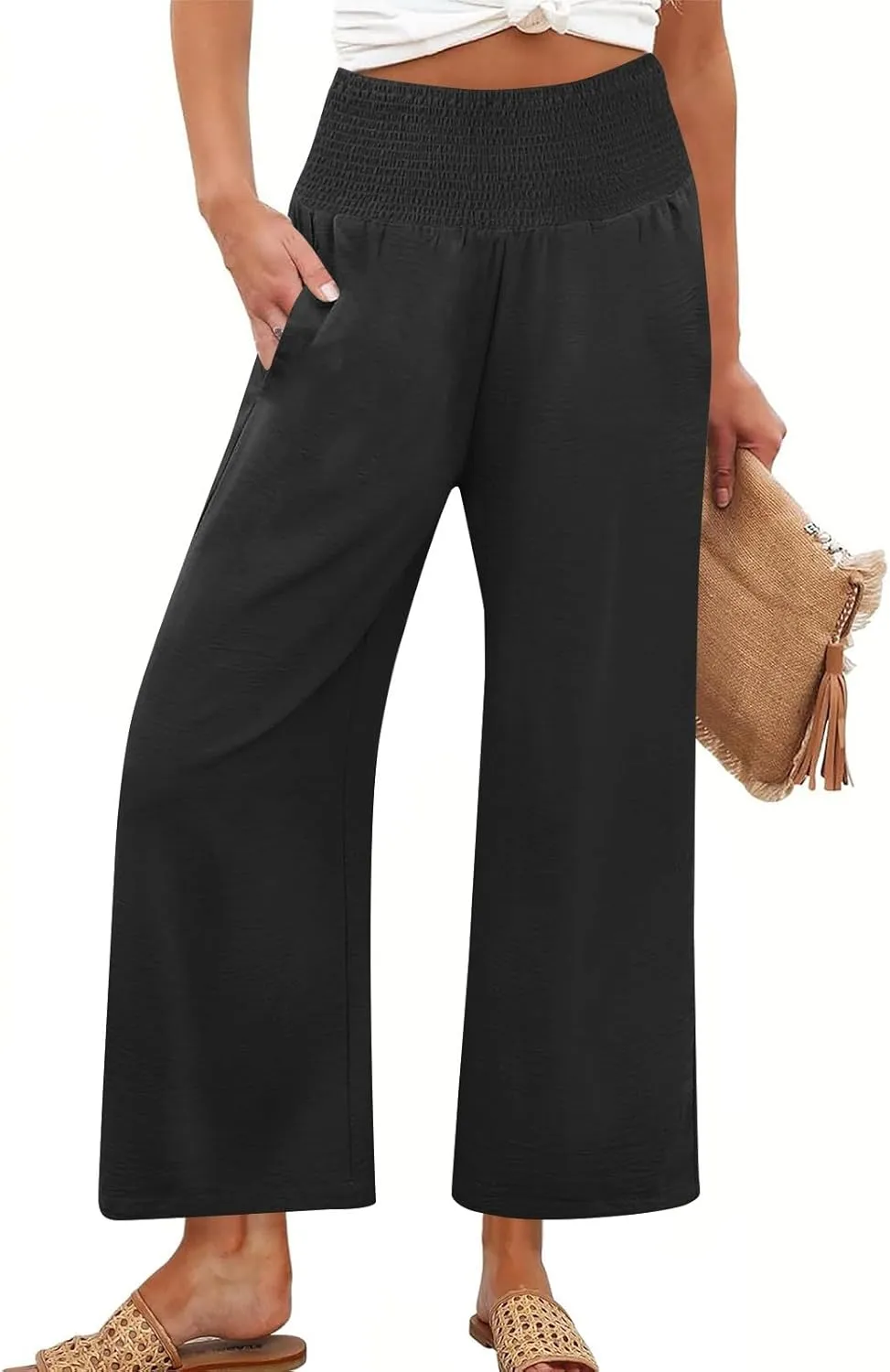 Linen Pants Women Cropped Loose Wide Leg Pants Summer Smocked High Waisted Lounge Pant Relaxed Palazzo Pant