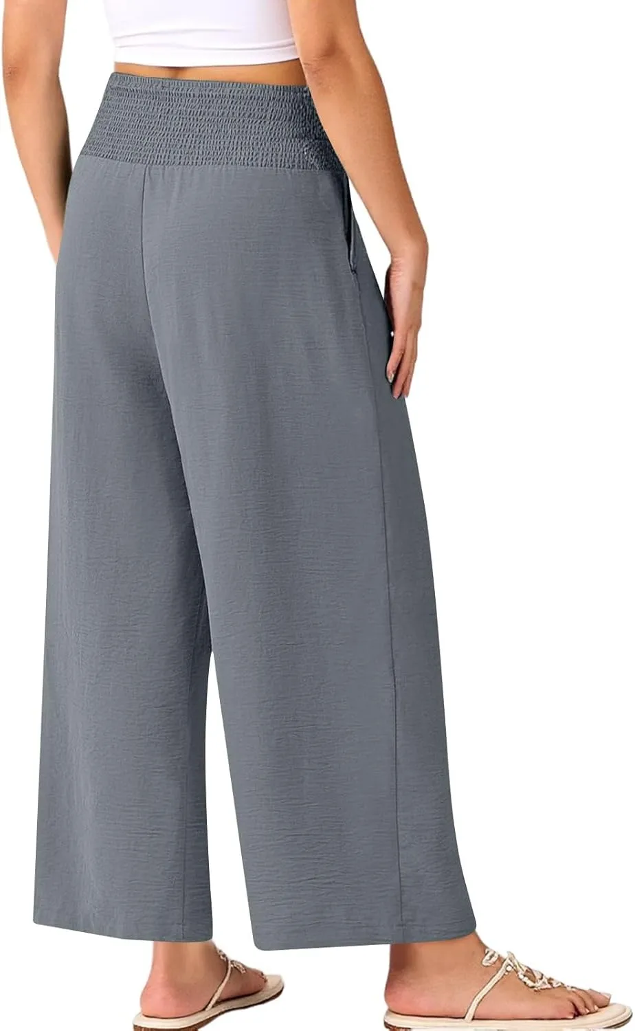 Linen Pants Women Cropped Loose Wide Leg Pants Summer Smocked High Waisted Lounge Pant Relaxed Palazzo Pant
