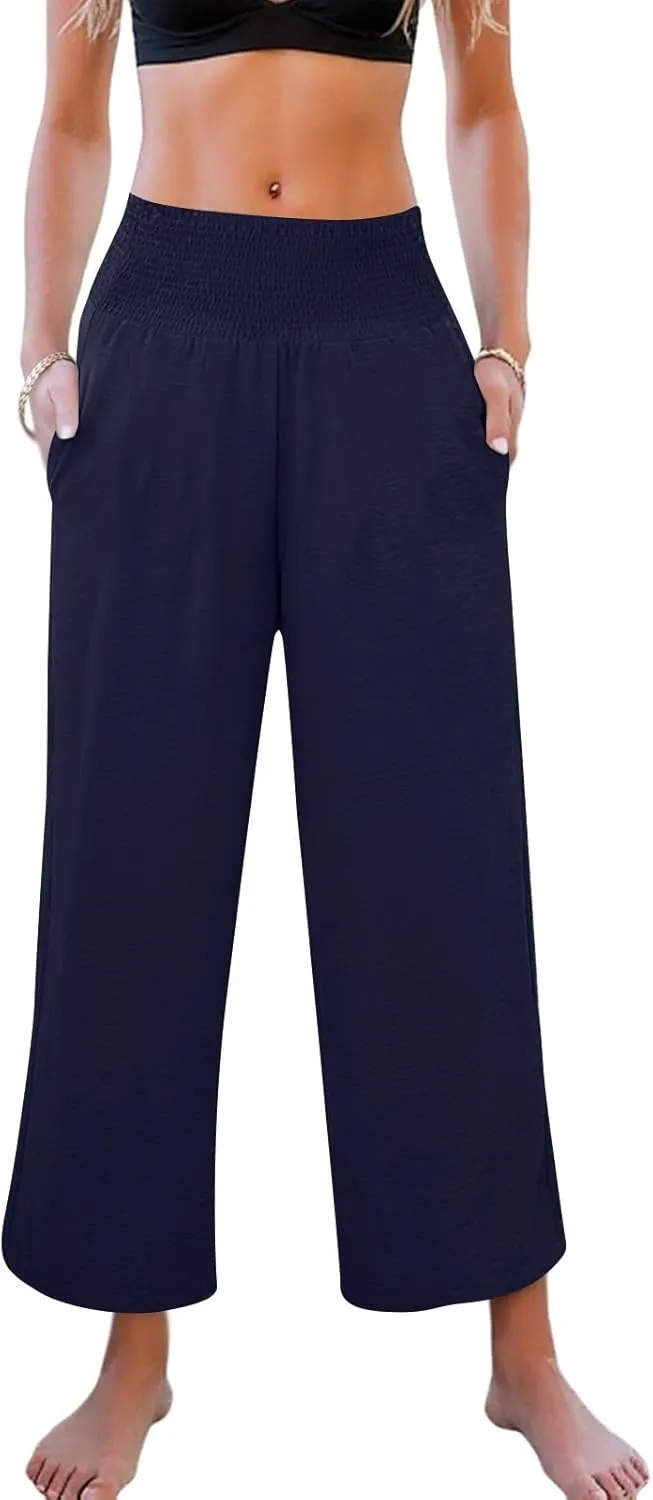 Linen Pants Women Cropped Loose Wide Leg Pants Summer Smocked High Waisted Lounge Pant Relaxed Palazzo Pant