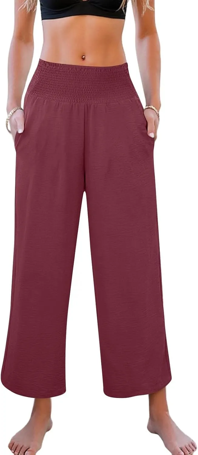 Linen Pants Women Cropped Loose Wide Leg Pants Summer Smocked High Waisted Lounge Pant Relaxed Palazzo Pant