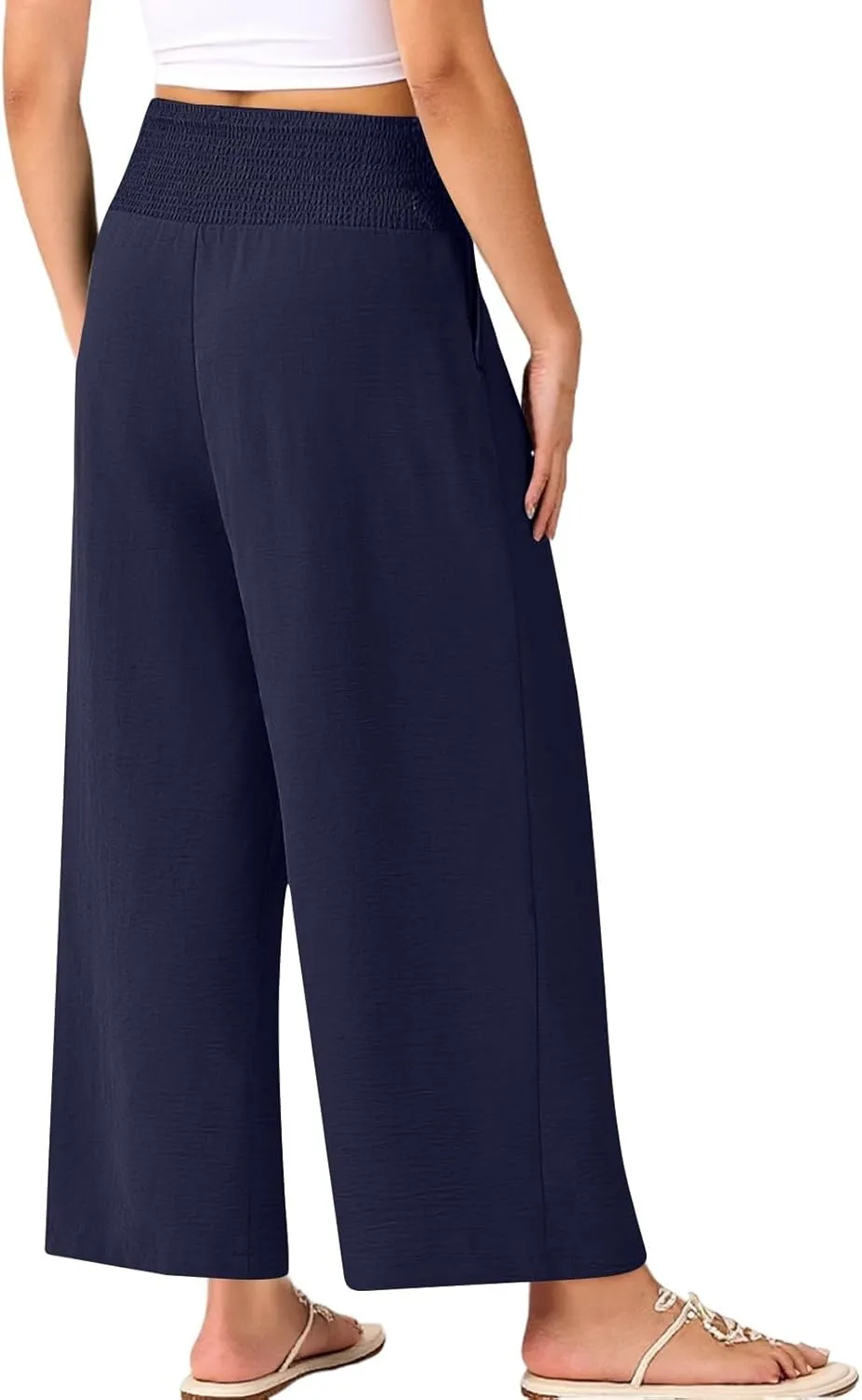 Linen Pants Women Cropped Loose Wide Leg Pants Summer Smocked High Waisted Lounge Pant Relaxed Palazzo Pant