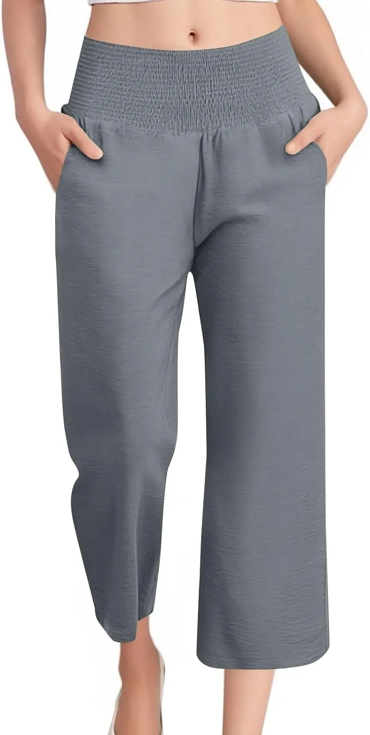 Linen Pants Women Cropped Loose Wide Leg Pants Summer Smocked High Waisted Lounge Pant Relaxed Palazzo Pant
