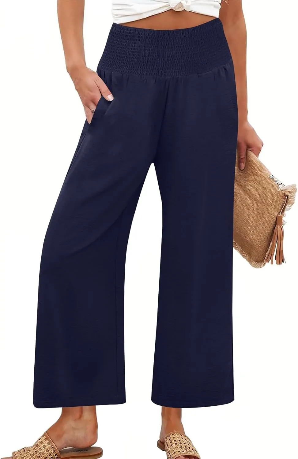 Linen Pants Women Cropped Loose Wide Leg Pants Summer Smocked High Waisted Lounge Pant Relaxed Palazzo Pant