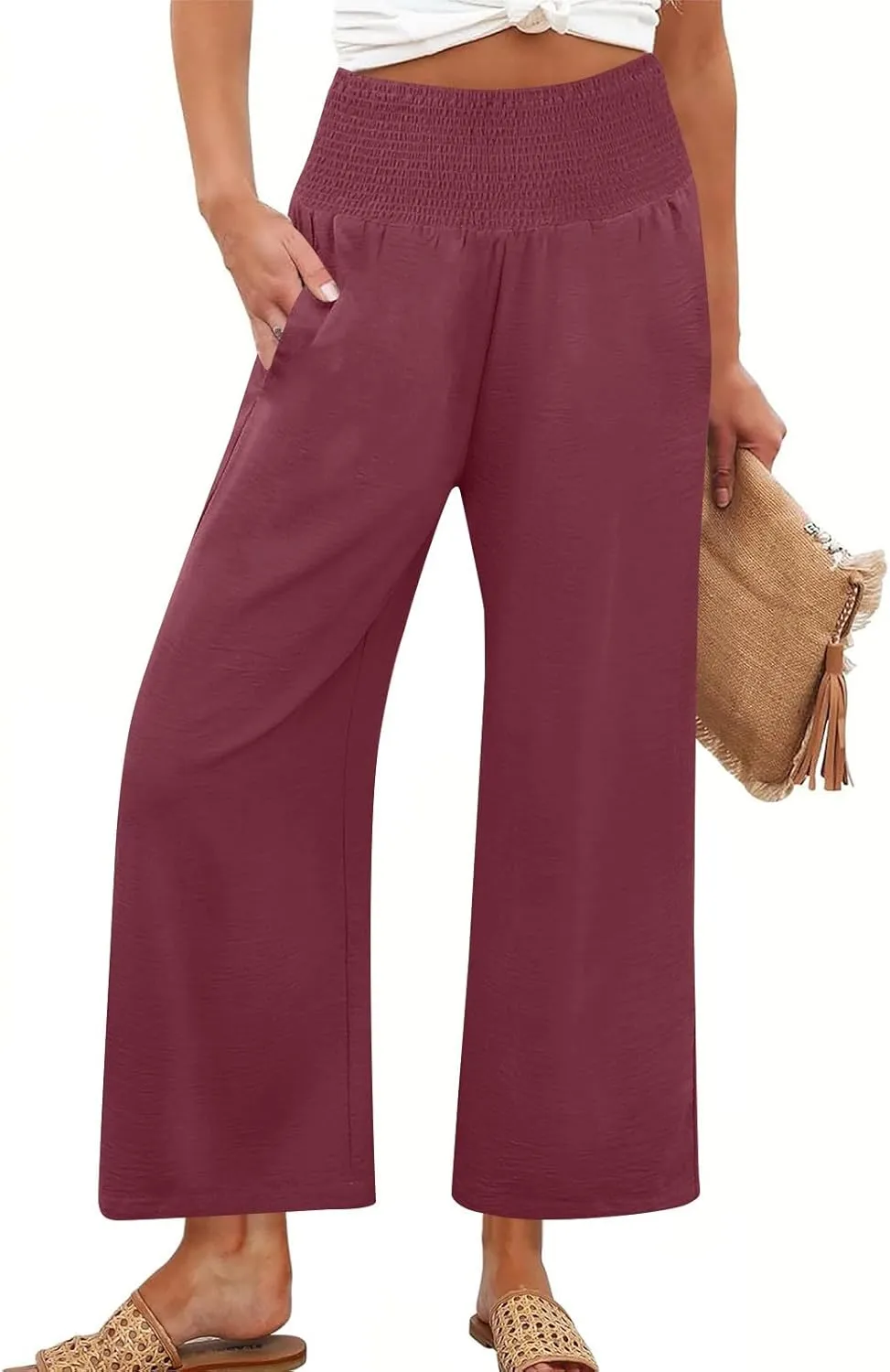 Linen Pants Women Cropped Loose Wide Leg Pants Summer Smocked High Waisted Lounge Pant Relaxed Palazzo Pant