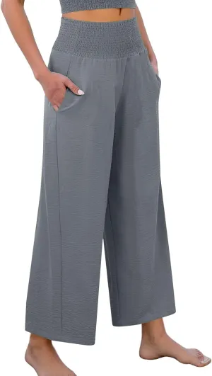 Linen Pants Women Cropped Loose Wide Leg Pants Summer Smocked High Waisted Lounge Pant Relaxed Palazzo Pant