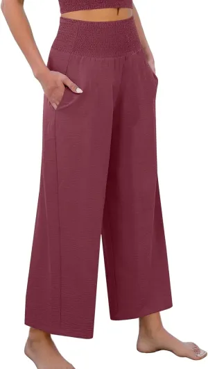 Linen Pants Women Cropped Loose Wide Leg Pants Summer Smocked High Waisted Lounge Pant Relaxed Palazzo Pant