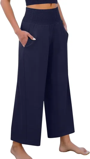 Linen Pants Women Cropped Loose Wide Leg Pants Summer Smocked High Waisted Lounge Pant Relaxed Palazzo Pant