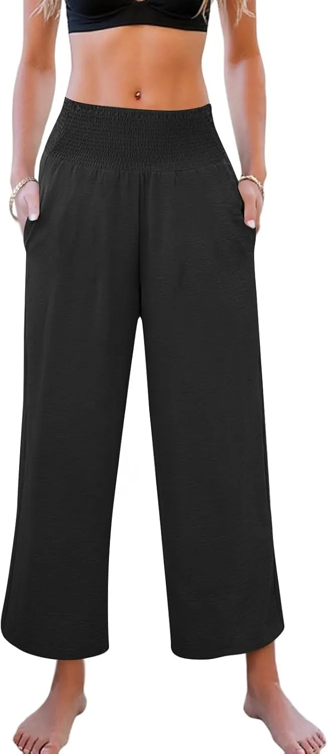 Linen Pants Women Cropped Loose Wide Leg Pants Summer Smocked High Waisted Lounge Pant Relaxed Palazzo Pant
