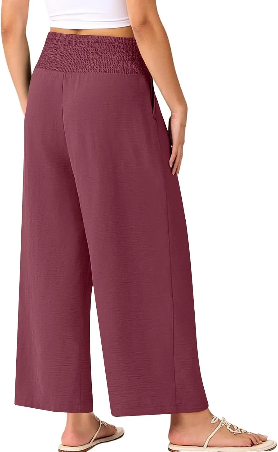 Linen Pants Women Cropped Loose Wide Leg Pants Summer Smocked High Waisted Lounge Pant Relaxed Palazzo Pant