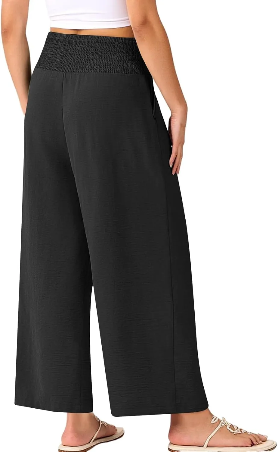 Linen Pants Women Cropped Loose Wide Leg Pants Summer Smocked High Waisted Lounge Pant Relaxed Palazzo Pant