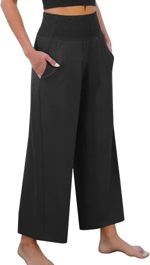 Linen Pants Women Cropped Loose Wide Leg Pants Summer Smocked High Waisted Lounge Pant Relaxed Palazzo Pant