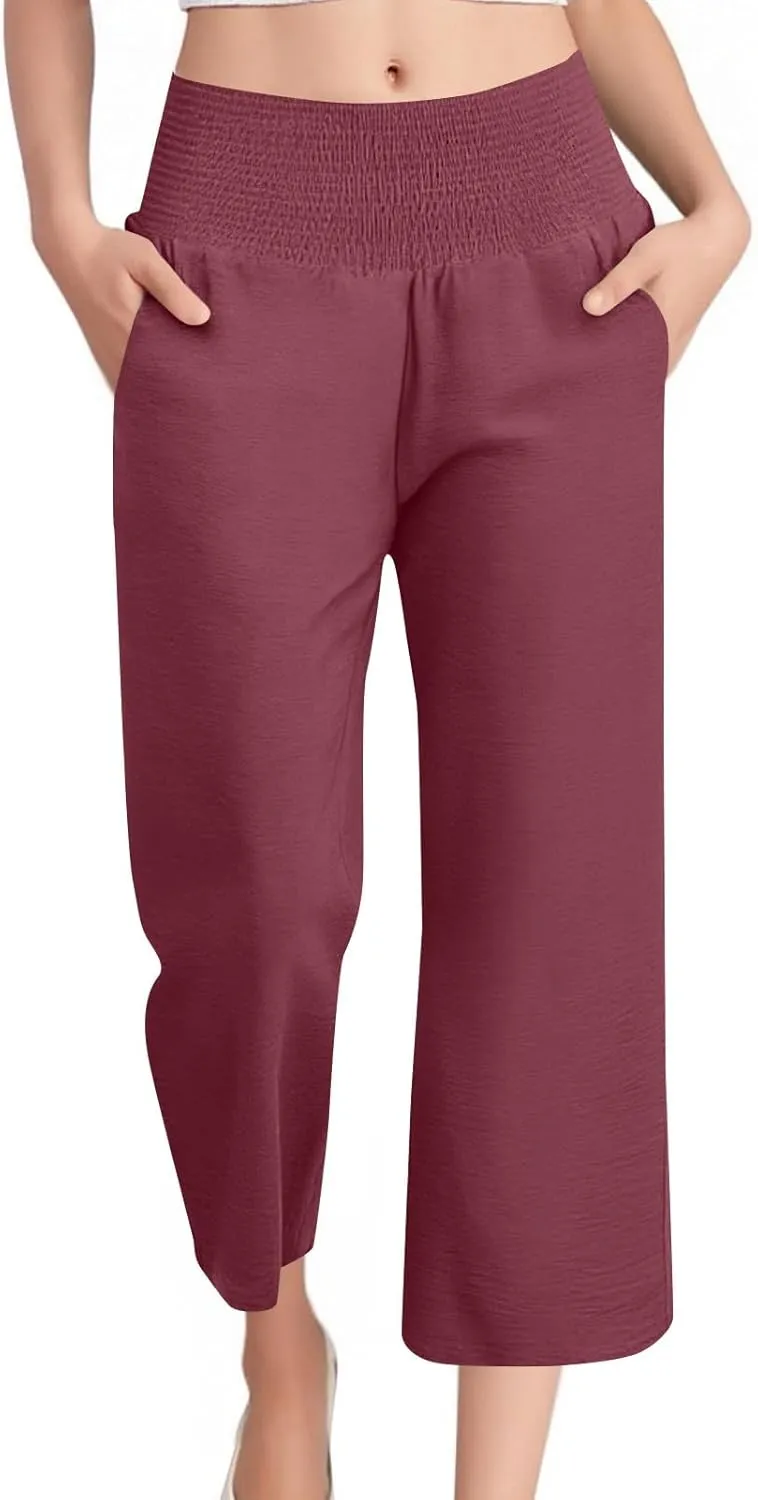 Linen Pants Women Cropped Loose Wide Leg Pants Summer Smocked High Waisted Lounge Pant Relaxed Palazzo Pant
