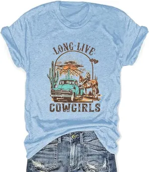 Long Live Cowboys Shirts Women Western Vintage Graphic Tees Funny Letter Print Country Music Tshirt