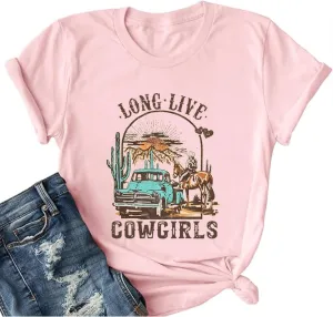 Long Live Cowboys Shirts Women Western Vintage Graphic Tees Funny Letter Print Country Music Tshirt