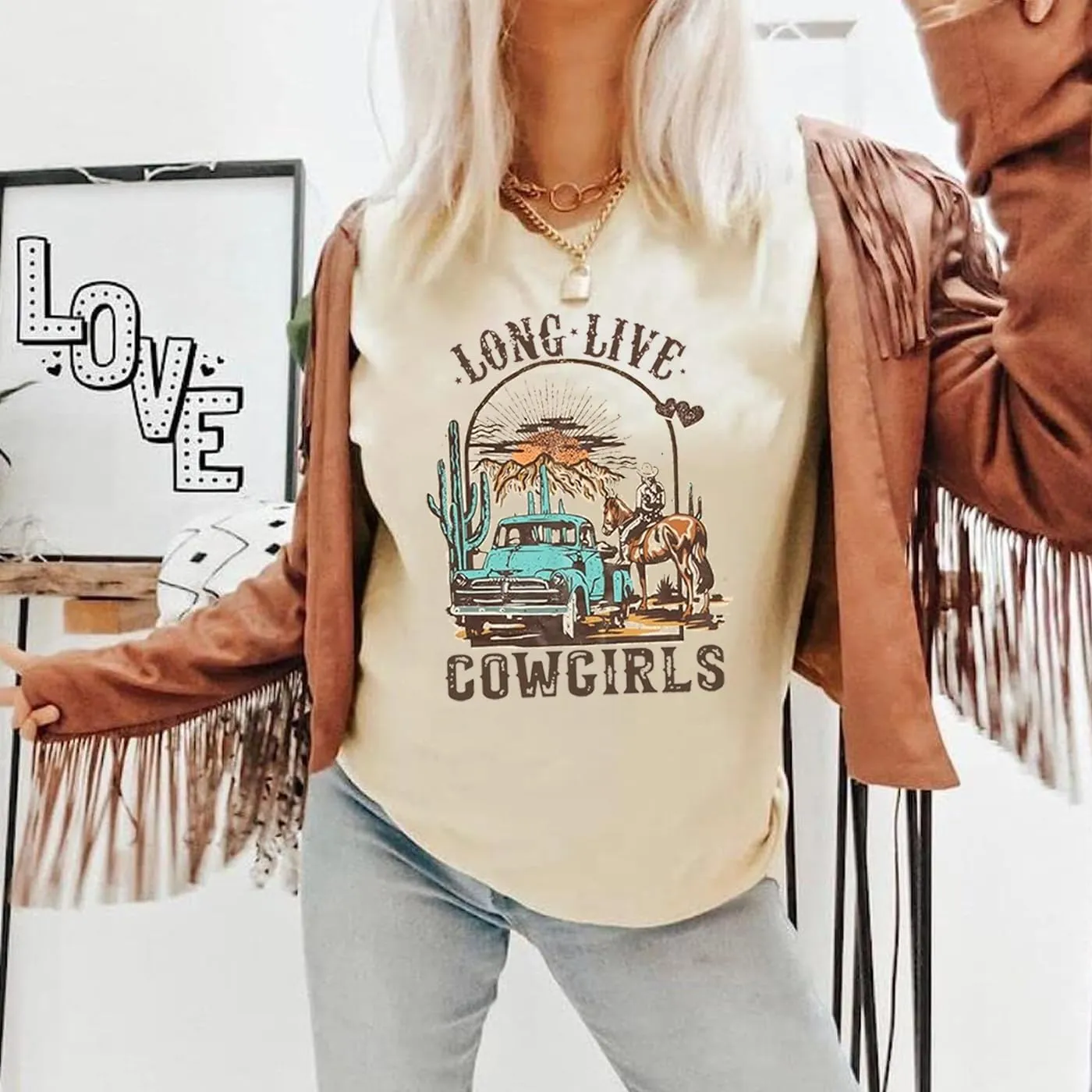 Long Live Cowboys Shirts Women Western Vintage Graphic Tees Funny Letter Print Country Music Tshirt