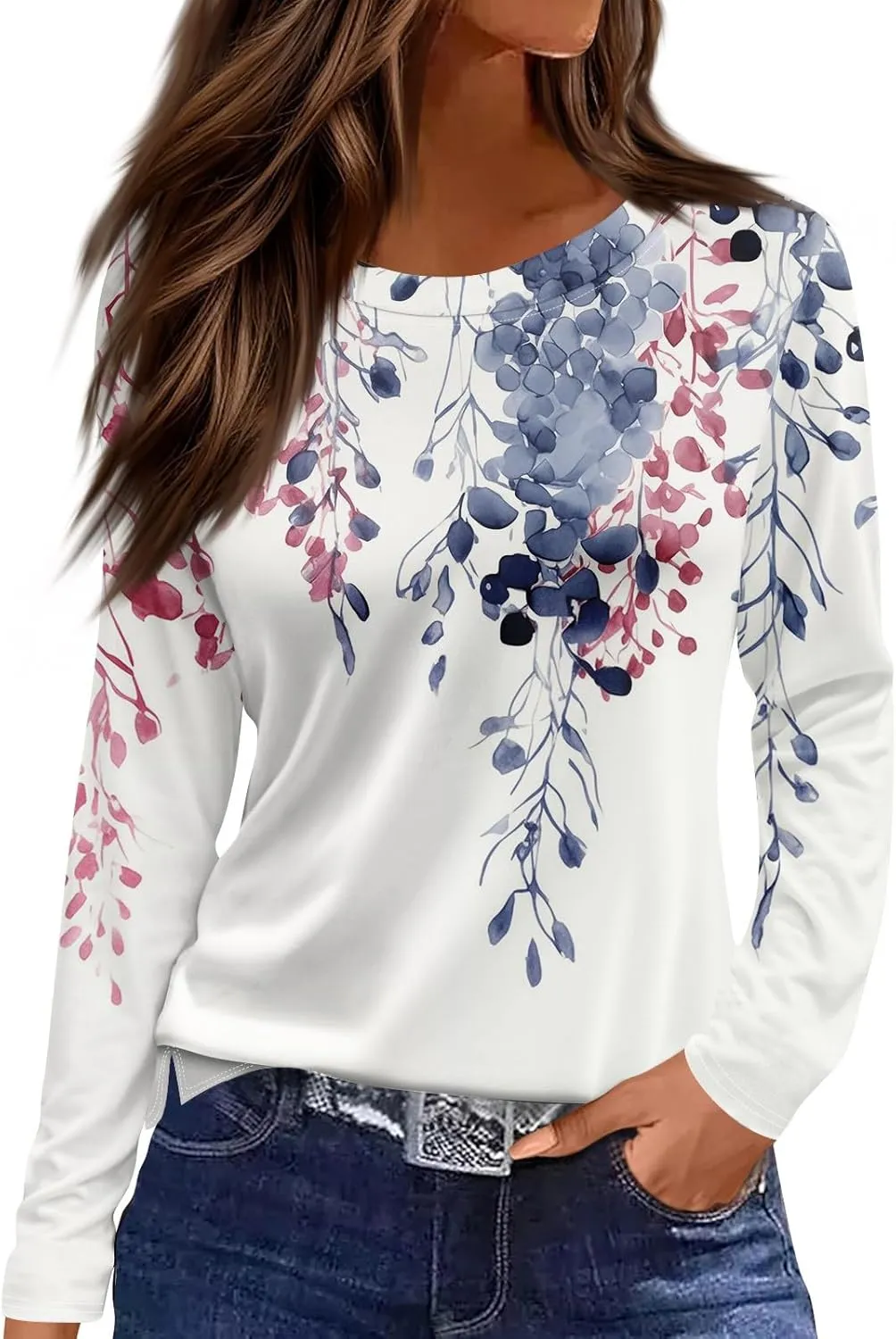 Long Sleeve Shirts for Women 2025 Spring Loose Fit Casual Crew Neck Womens Tops Long Sleeve Tunic Print Tops