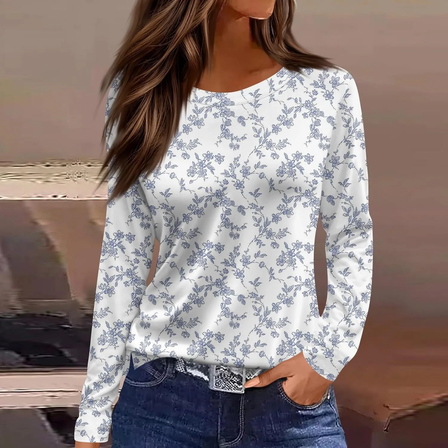 Long Sleeve Shirts for Women 2025 Spring Loose Fit Casual Crew Neck Womens Tops Long Sleeve Tunic Print Tops