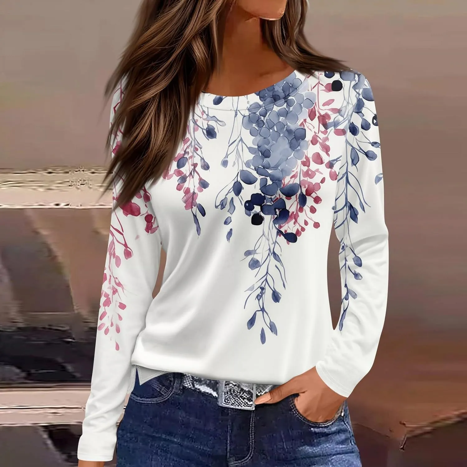 Long Sleeve Shirts for Women 2025 Spring Loose Fit Casual Crew Neck Womens Tops Long Sleeve Tunic Print Tops