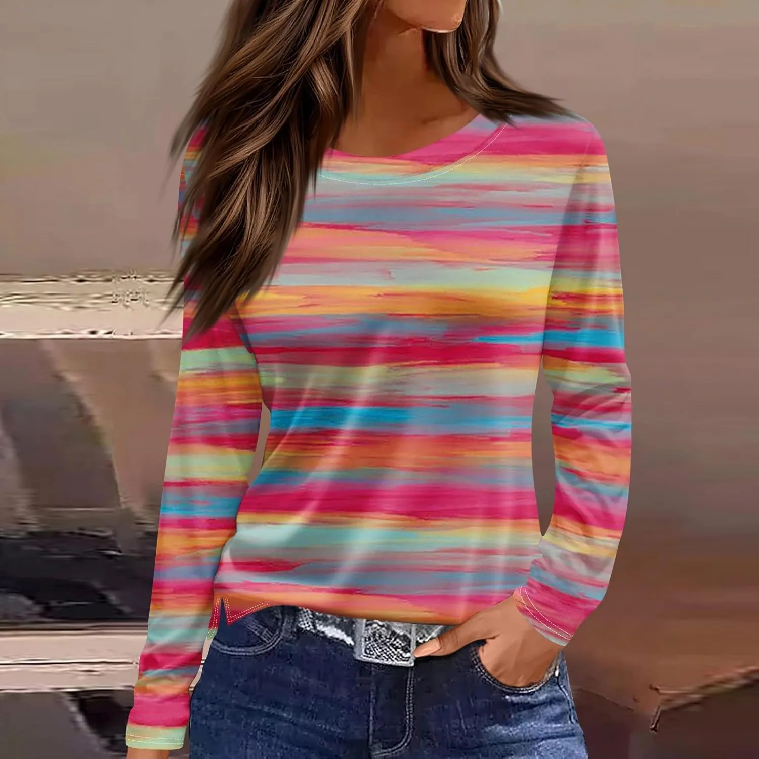 Long Sleeve Shirts for Women 2025 Spring Loose Fit Casual Crew Neck Womens Tops Long Sleeve Tunic Print Tops
