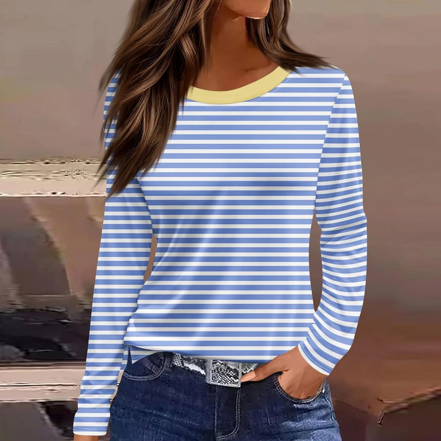 Long Sleeve Shirts for Women 2025 Spring Loose Fit Casual Crew Neck Womens Tops Long Sleeve Tunic Print Tops
