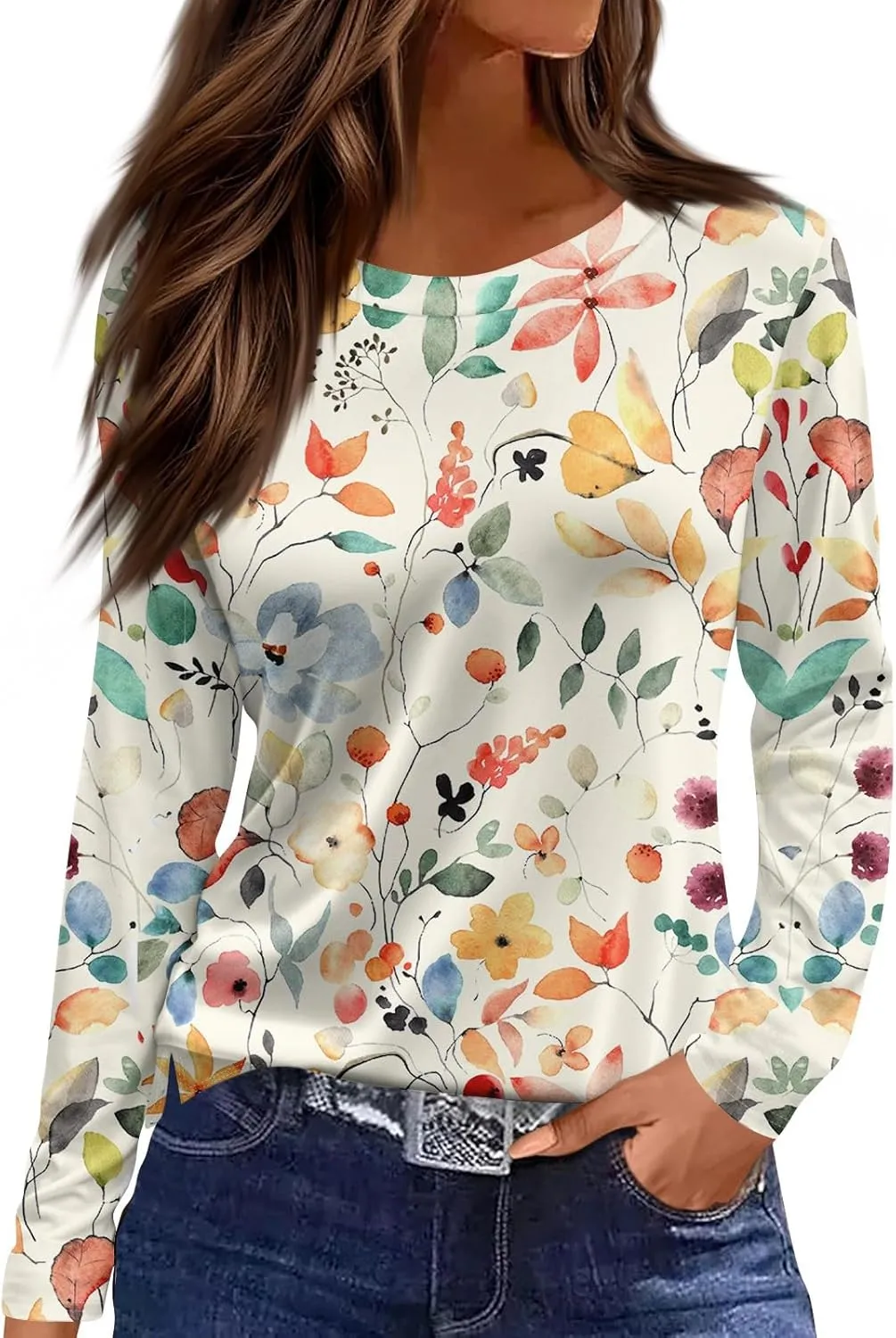 Long Sleeve Shirts for Women 2025 Spring Loose Fit Casual Crew Neck Womens Tops Long Sleeve Tunic Print Tops