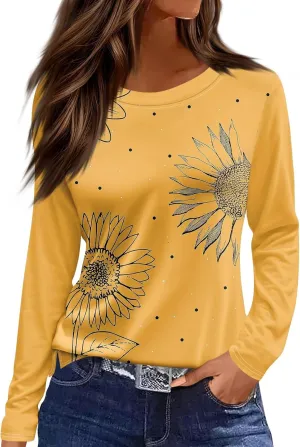 Long Sleeve Shirts for Women 2025 Spring Loose Fit Casual Crew Neck Womens Tops Long Sleeve Tunic Print Tops