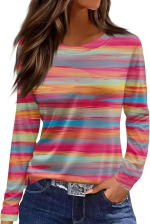 Long Sleeve Shirts for Women 2025 Spring Loose Fit Casual Crew Neck Womens Tops Long Sleeve Tunic Print Tops