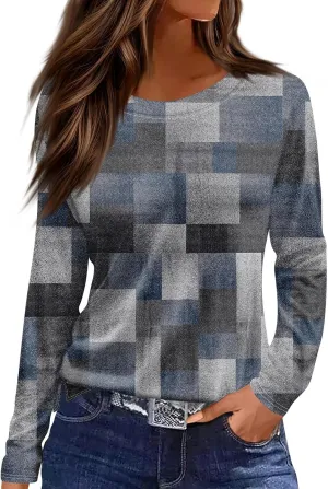 Long Sleeve Shirts for Women 2025 Spring Loose Fit Casual Crew Neck Womens Tops Long Sleeve Tunic Print Tops