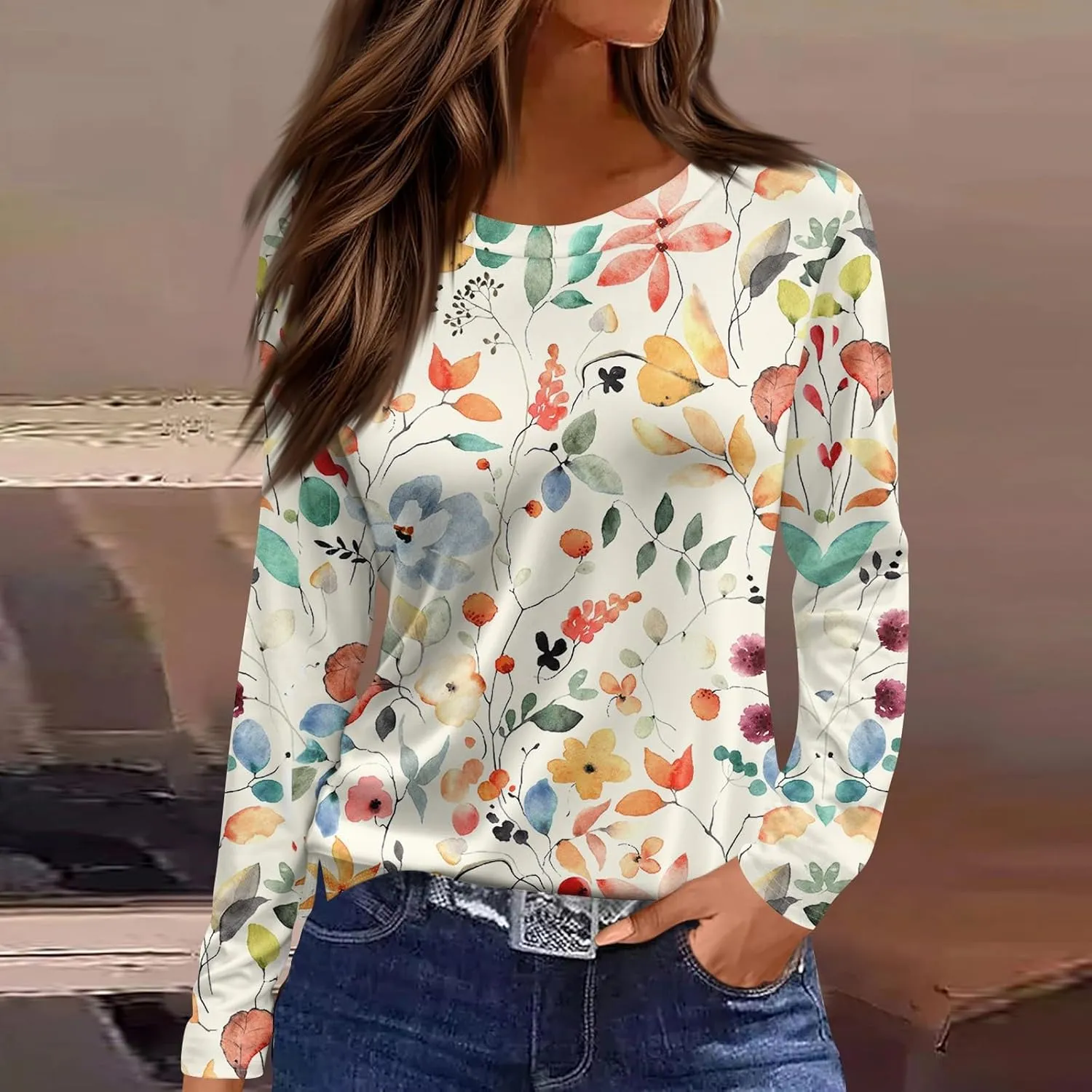 Long Sleeve Shirts for Women 2025 Spring Loose Fit Casual Crew Neck Womens Tops Long Sleeve Tunic Print Tops