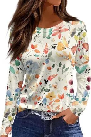 Long Sleeve Shirts for Women 2025 Spring Loose Fit Casual Crew Neck Womens Tops Long Sleeve Tunic Print Tops