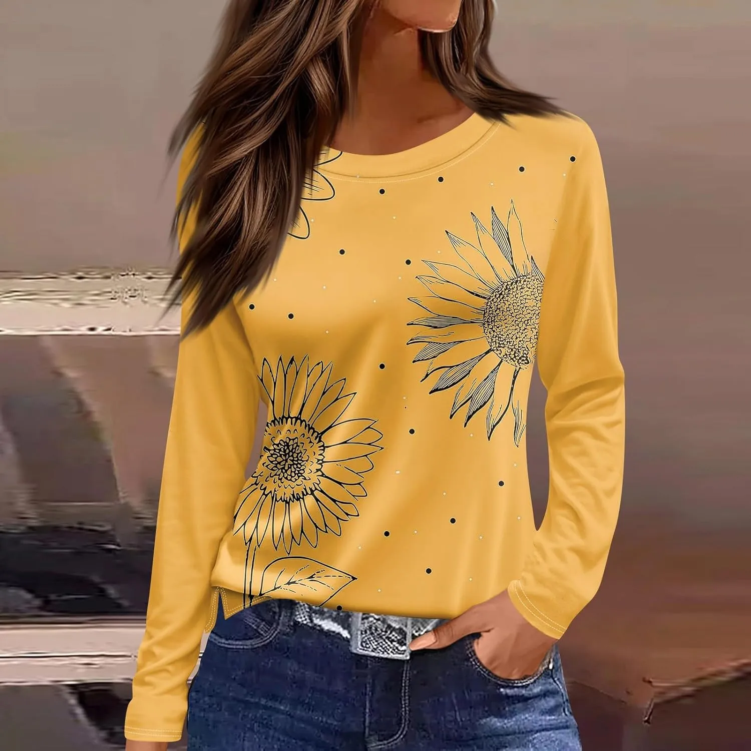 Long Sleeve Shirts for Women 2025 Spring Loose Fit Casual Crew Neck Womens Tops Long Sleeve Tunic Print Tops