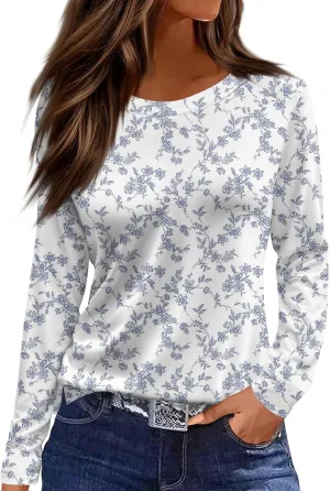 Long Sleeve Shirts for Women 2025 Spring Loose Fit Casual Crew Neck Womens Tops Long Sleeve Tunic Print Tops