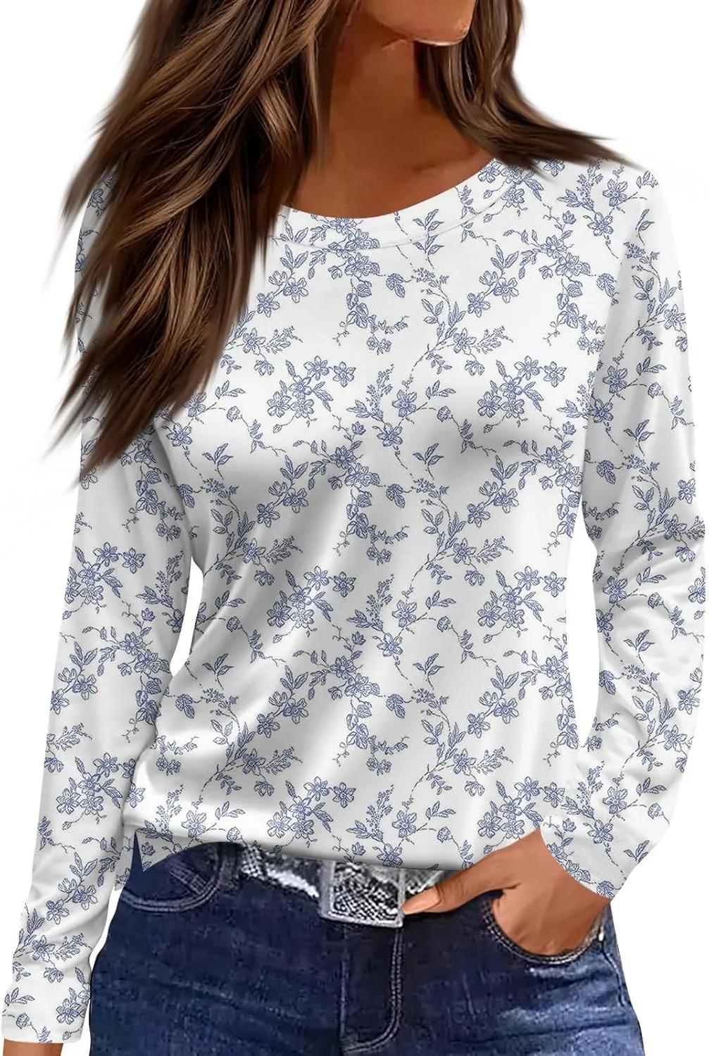 Long Sleeve Shirts for Women 2025 Spring Loose Fit Casual Crew Neck Womens Tops Long Sleeve Tunic Print Tops