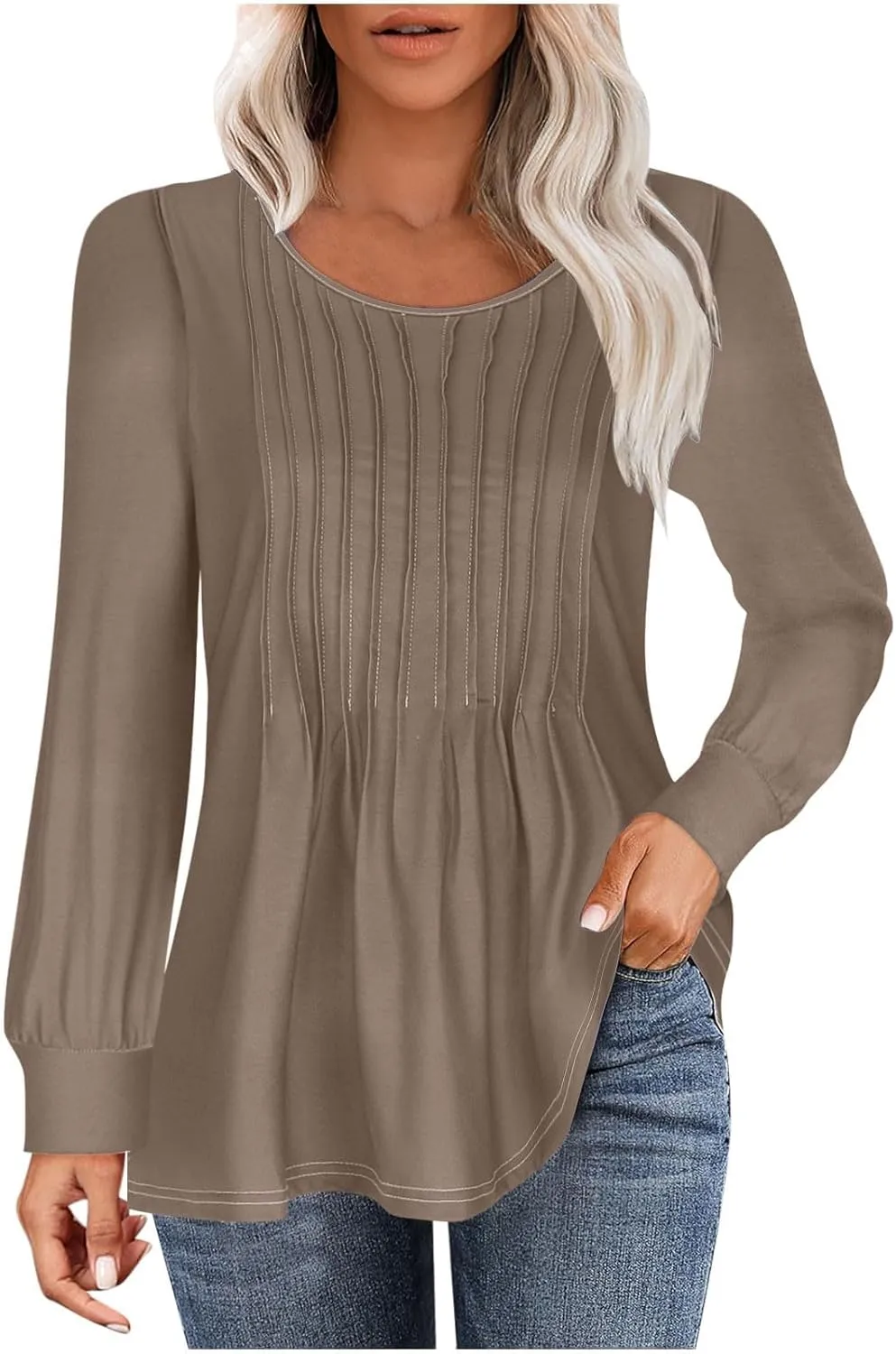 Long Sleeve Shirts for Women Crew Neck Pleated Tunic Blouses Daily Comfy Casual Basic Tees Fall Trendy Tops