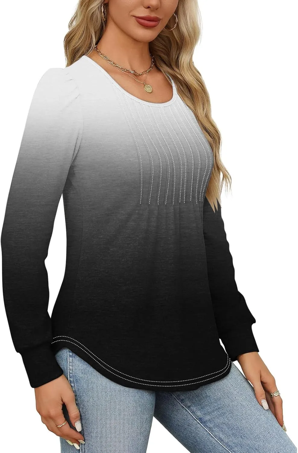 Long Sleeve Shirts for Women Crew Neck Pleated Tunic Blouses Daily Comfy Casual Basic Tees Fall Trendy Tops