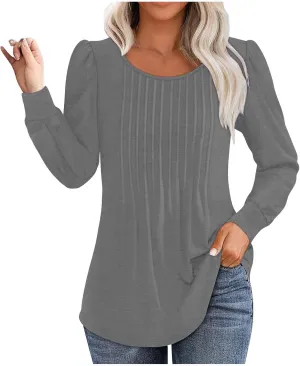 Long Sleeve Shirts for Women Crew Neck Pleated Tunic Blouses Daily Comfy Casual Basic Tees Fall Trendy Tops