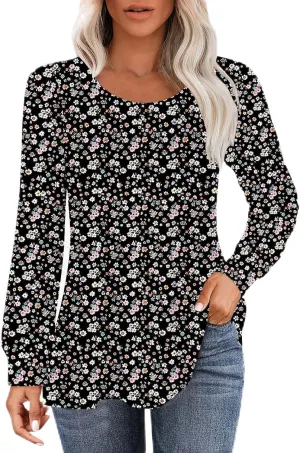 Long Sleeve Shirts for Women Crew Neck Pleated Tunic Blouses Daily Comfy Casual Basic Tees Fall Trendy Tops