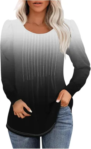 Long Sleeve Shirts for Women Crew Neck Pleated Tunic Blouses Daily Comfy Casual Basic Tees Fall Trendy Tops