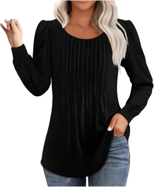 Long Sleeve Shirts for Women Crew Neck Pleated Tunic Blouses Daily Comfy Casual Basic Tees Fall Trendy Tops
