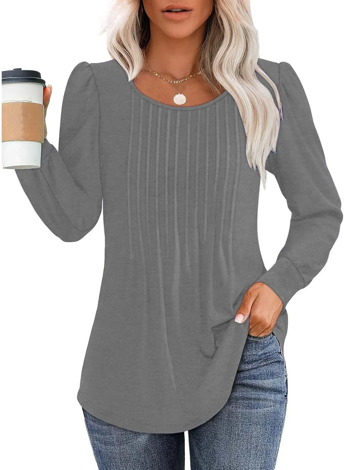 Long Sleeve Shirts for Women Crew Neck Pleated Tunic Blouses Daily Comfy Casual Basic Tees Fall Trendy Tops